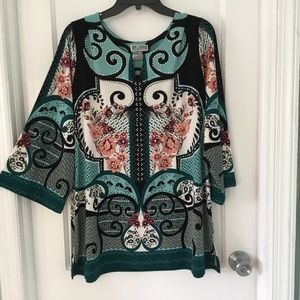 JM Collections Woman teal, black, cream, pink top, size 2X